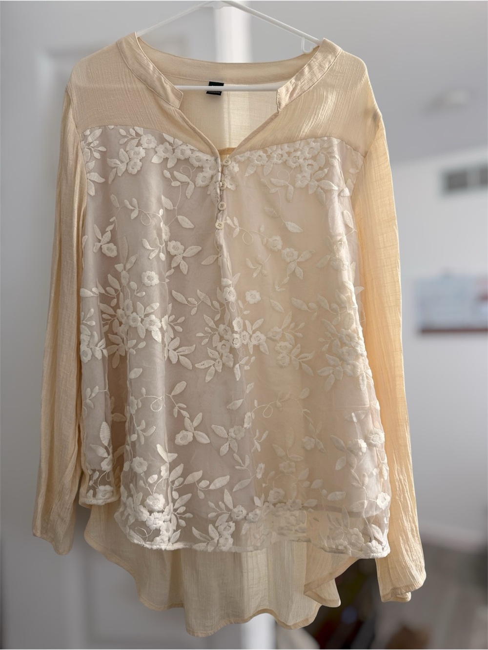 SHEIN Cream Floral Embroidered Long-Sleeve Blouse
